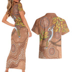 Kookaburra Aboriginal Dot Painting Couples Matching Short Sleeve Bodycon Dress and Hawaiian Shirt