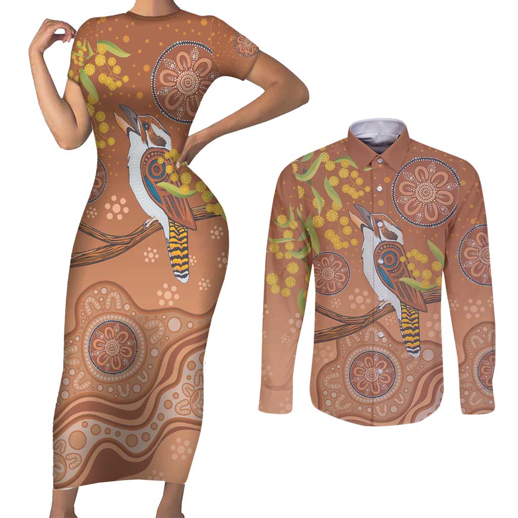 Kookaburra Aboriginal Dot Painting Couples Matching Short Sleeve Bodycon Dress and Long Sleeve Button Shirt