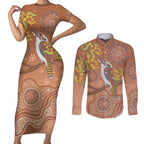Kookaburra Aboriginal Dot Painting Couples Matching Short Sleeve Bodycon Dress and Long Sleeve Button Shirt