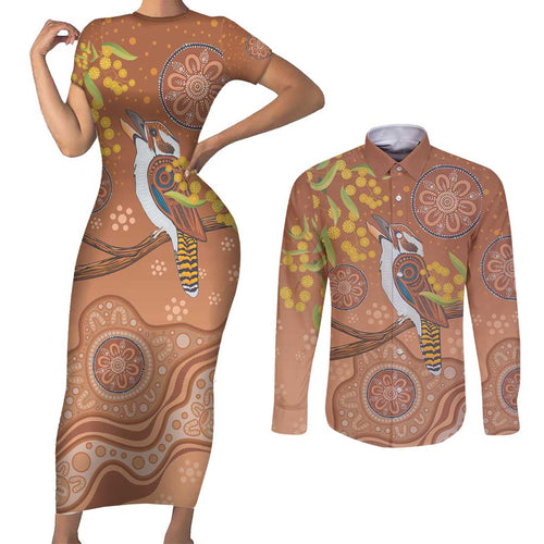 Kookaburra Aboriginal Dot Painting Couples Matching Short Sleeve Bodycon Dress and Long Sleeve Button Shirt