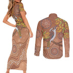 Kookaburra Aboriginal Dot Painting Couples Matching Short Sleeve Bodycon Dress and Long Sleeve Button Shirt