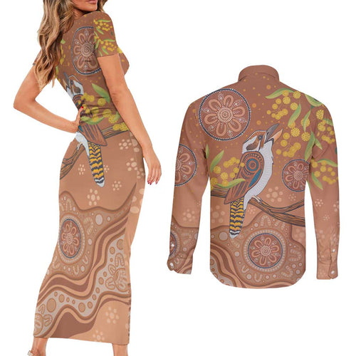 Kookaburra Aboriginal Dot Painting Couples Matching Short Sleeve Bodycon Dress and Long Sleeve Button Shirt