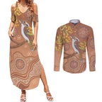 Kookaburra Aboriginal Dot Painting Couples Matching Summer Maxi Dress and Long Sleeve Button Shirt