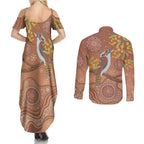 Kookaburra Aboriginal Dot Painting Couples Matching Summer Maxi Dress and Long Sleeve Button Shirt