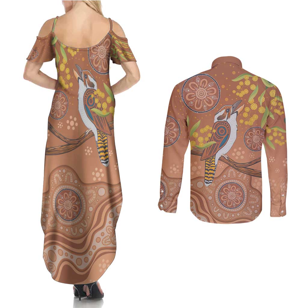 Kookaburra Aboriginal Dot Painting Couples Matching Summer Maxi Dress and Long Sleeve Button Shirt