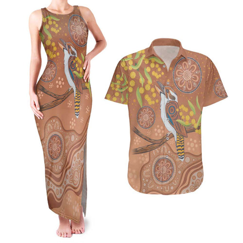 Kookaburra Aboriginal Dot Painting Couples Matching Tank Maxi Dress and Hawaiian Shirt