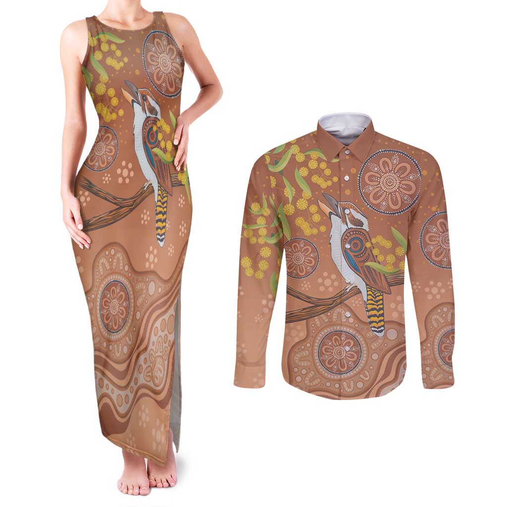 Kookaburra Aboriginal Dot Painting Couples Matching Tank Maxi Dress and Long Sleeve Button Shirt