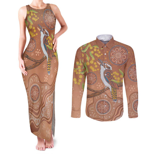 Kookaburra Aboriginal Dot Painting Couples Matching Tank Maxi Dress and Long Sleeve Button Shirt