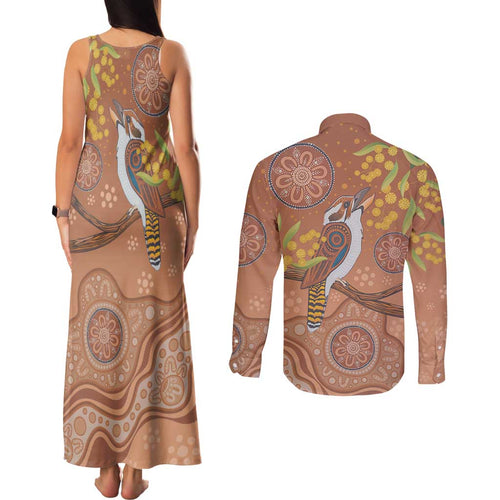 Kookaburra Aboriginal Dot Painting Couples Matching Tank Maxi Dress and Long Sleeve Button Shirt