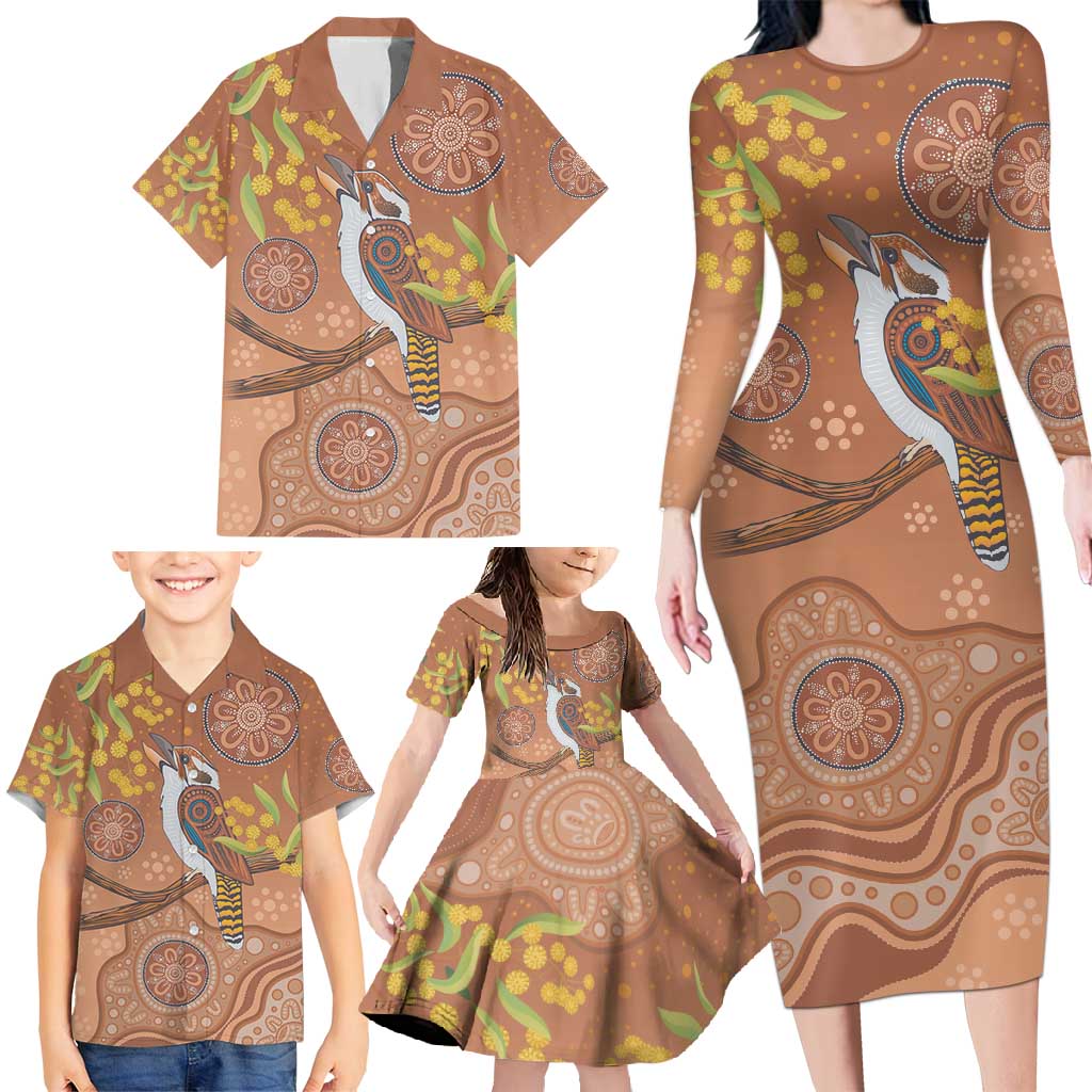 Kookaburra Aboriginal Dot Painting Family Matching Long Sleeve Bodycon Dress and Hawaiian Shirt