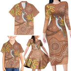 Kookaburra Aboriginal Dot Painting Family Matching Long Sleeve Bodycon Dress and Hawaiian Shirt