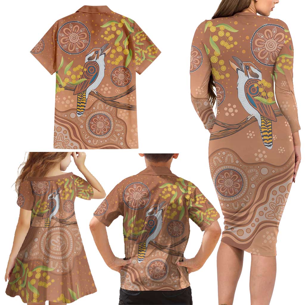 Kookaburra Aboriginal Dot Painting Family Matching Long Sleeve Bodycon Dress and Hawaiian Shirt