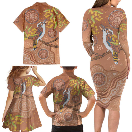 Kookaburra Aboriginal Dot Painting Family Matching Long Sleeve Bodycon Dress and Hawaiian Shirt
