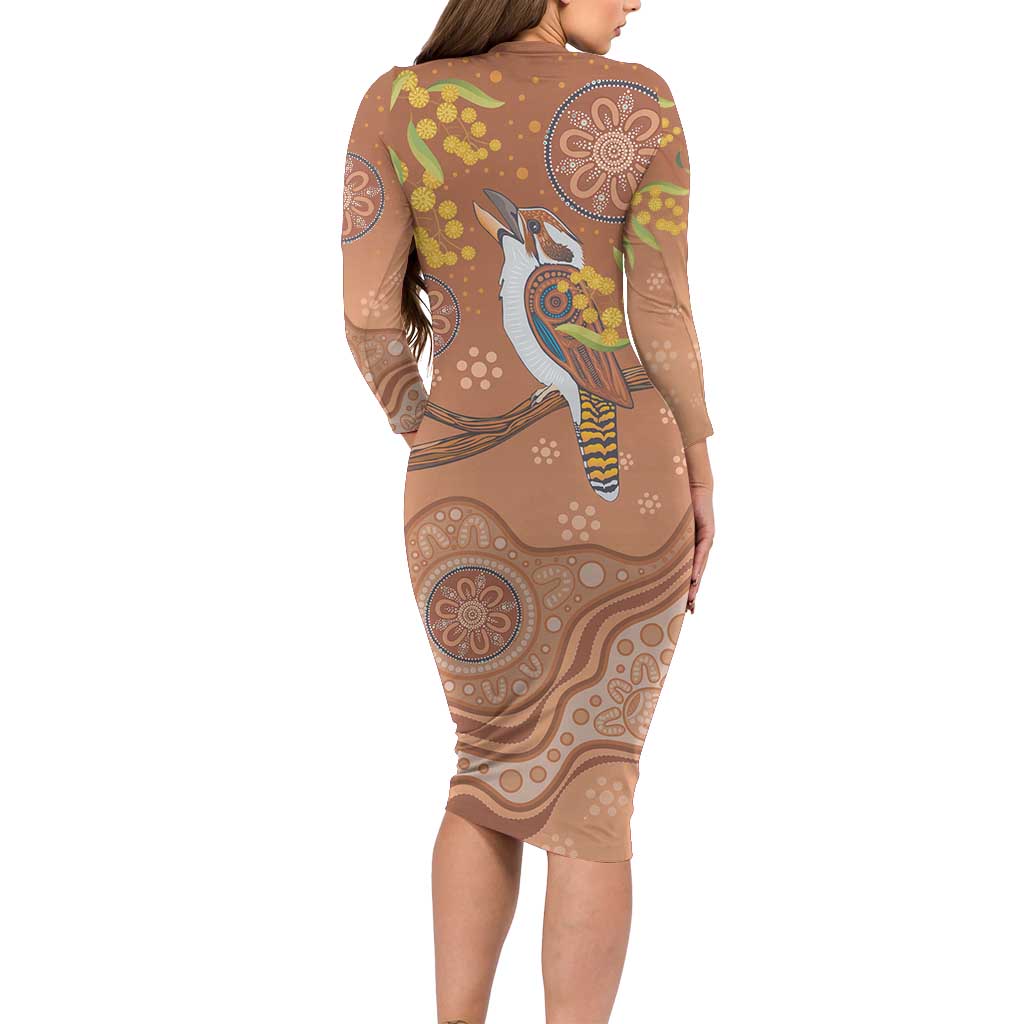 Kookaburra Aboriginal Dot Painting Family Matching Long Sleeve Bodycon Dress and Hawaiian Shirt