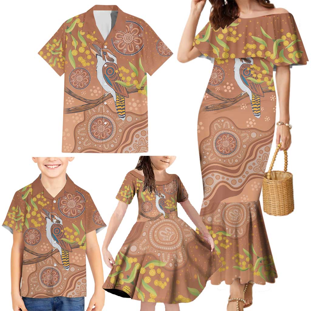 Kookaburra Aboriginal Dot Painting Family Matching Mermaid Dress and Hawaiian Shirt