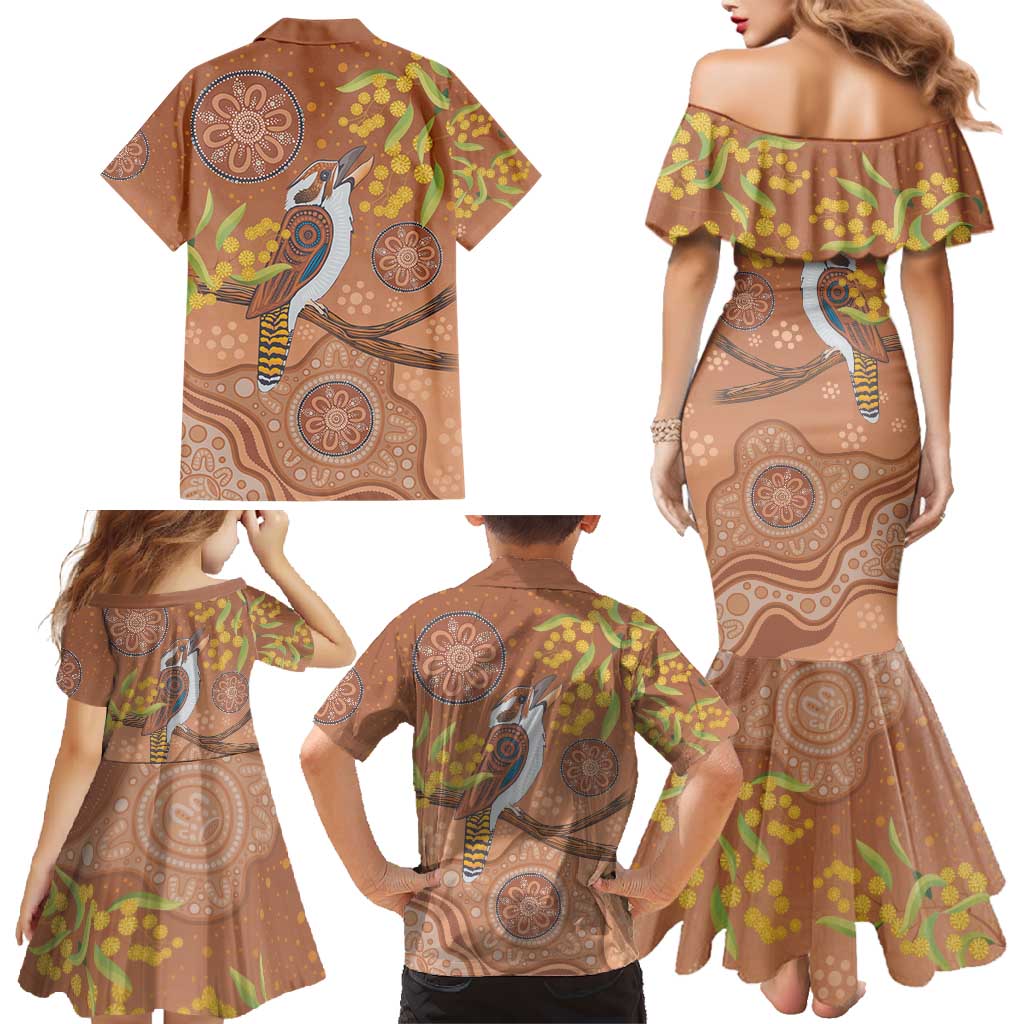 Kookaburra Aboriginal Dot Painting Family Matching Mermaid Dress and Hawaiian Shirt