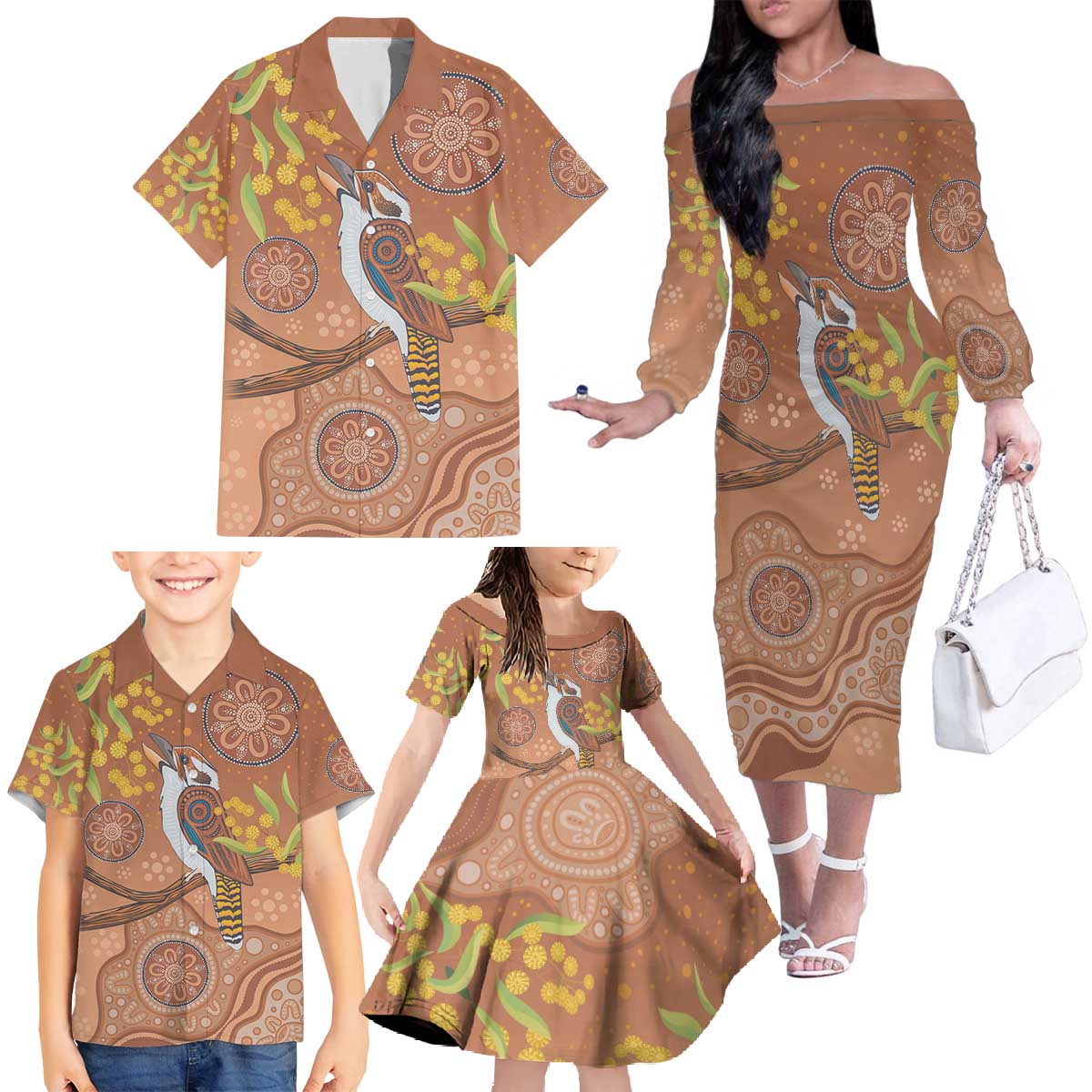 Kookaburra Aboriginal Dot Painting Family Matching Off The Shoulder Long Sleeve Dress and Hawaiian Shirt