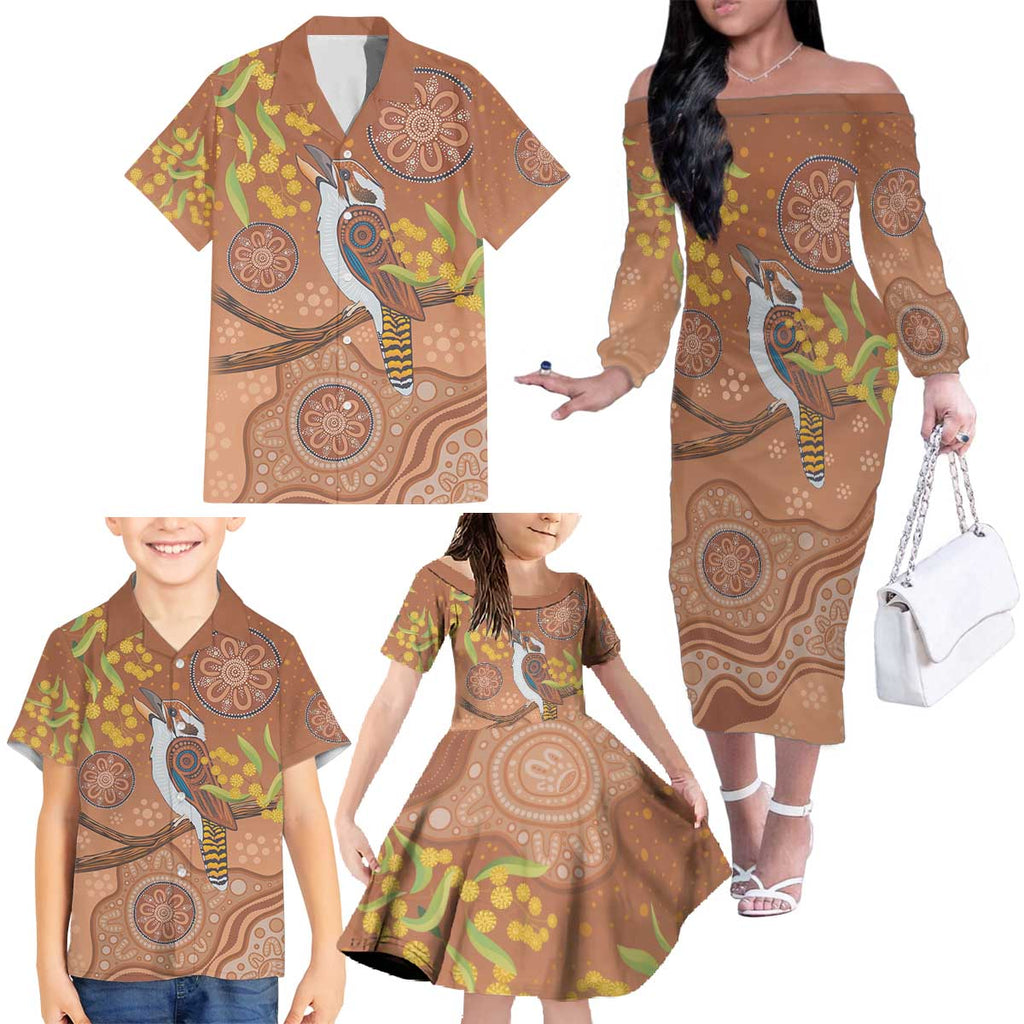 Kookaburra Aboriginal Dot Painting Family Matching Off The Shoulder Long Sleeve Dress and Hawaiian Shirt
