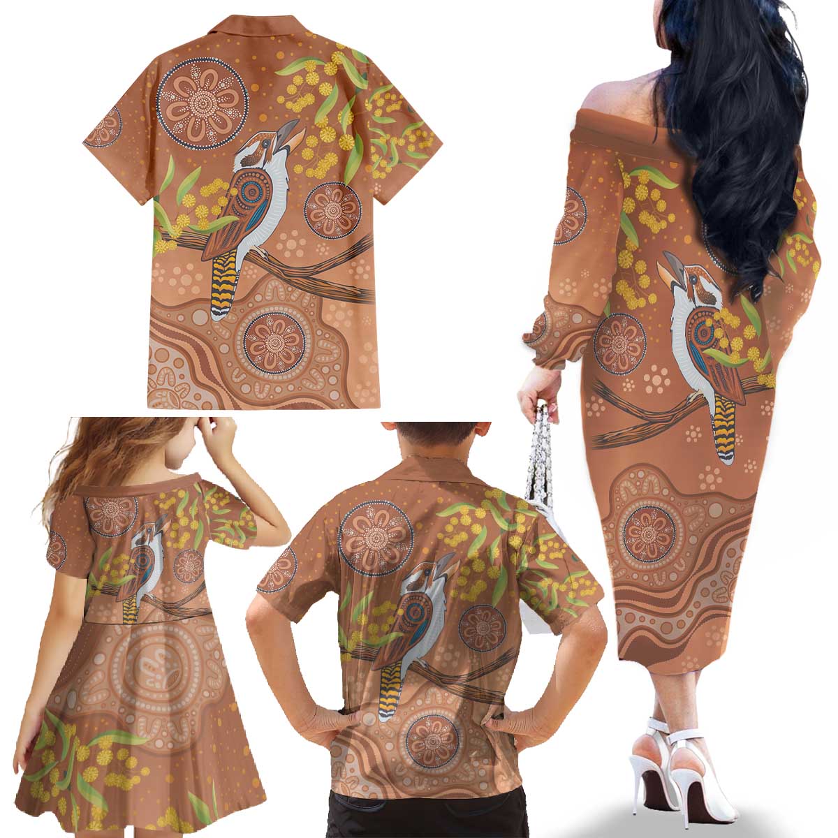Kookaburra Aboriginal Dot Painting Family Matching Off The Shoulder Long Sleeve Dress and Hawaiian Shirt