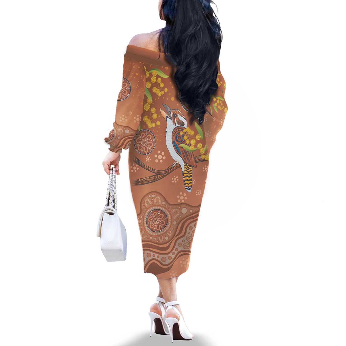 Kookaburra Aboriginal Dot Painting Family Matching Off The Shoulder Long Sleeve Dress and Hawaiian Shirt