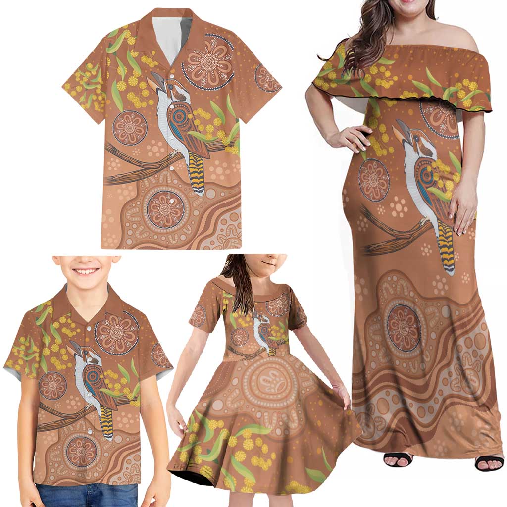 Kookaburra Aboriginal Dot Painting Family Matching Off Shoulder Maxi Dress and Hawaiian Shirt