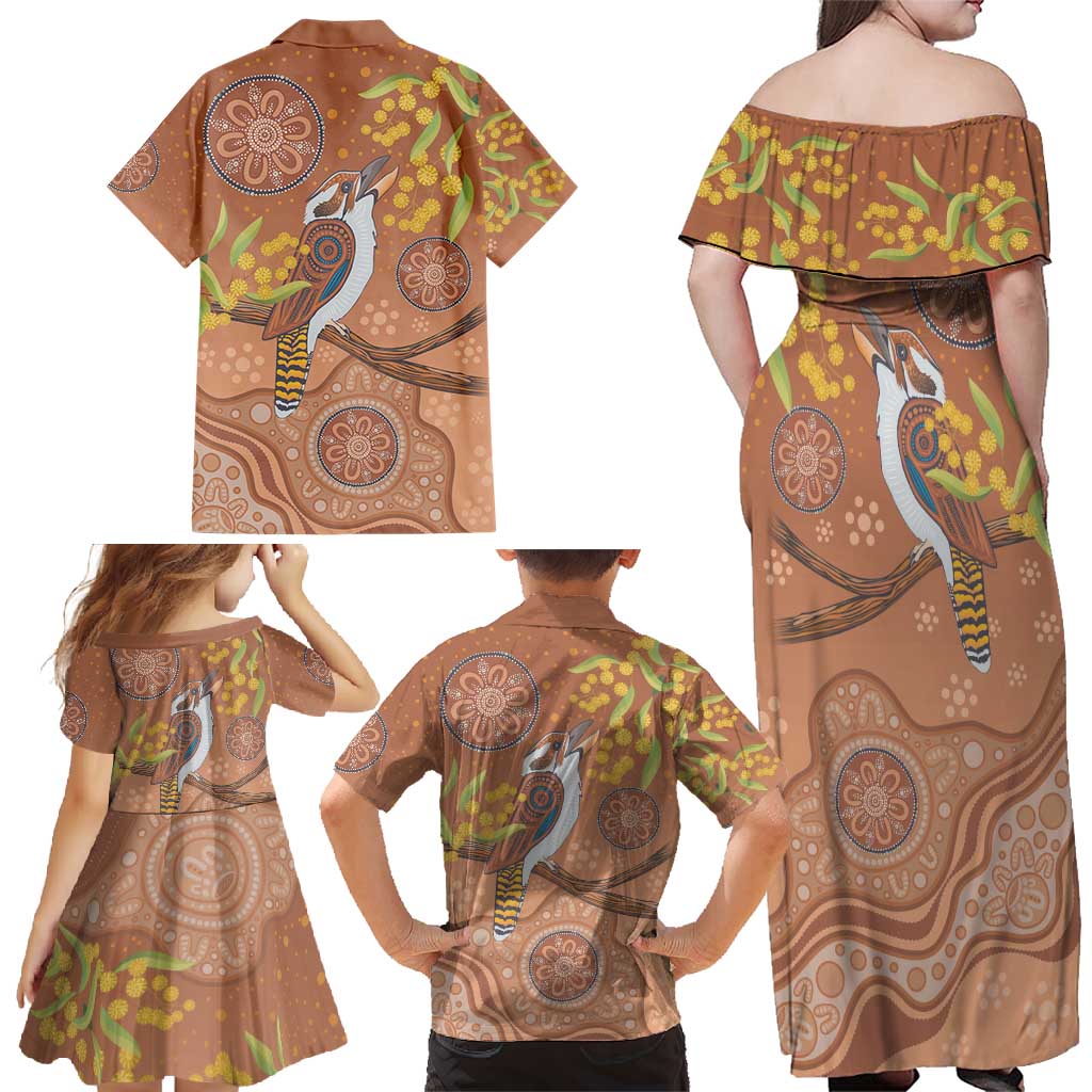 Kookaburra Aboriginal Dot Painting Family Matching Off Shoulder Maxi Dress and Hawaiian Shirt