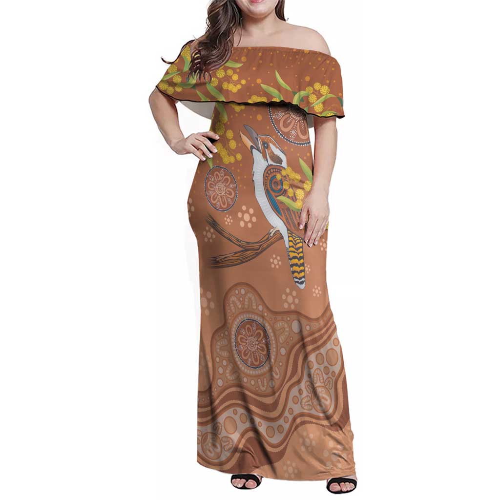 Kookaburra Aboriginal Dot Painting Family Matching Off Shoulder Maxi Dress and Hawaiian Shirt