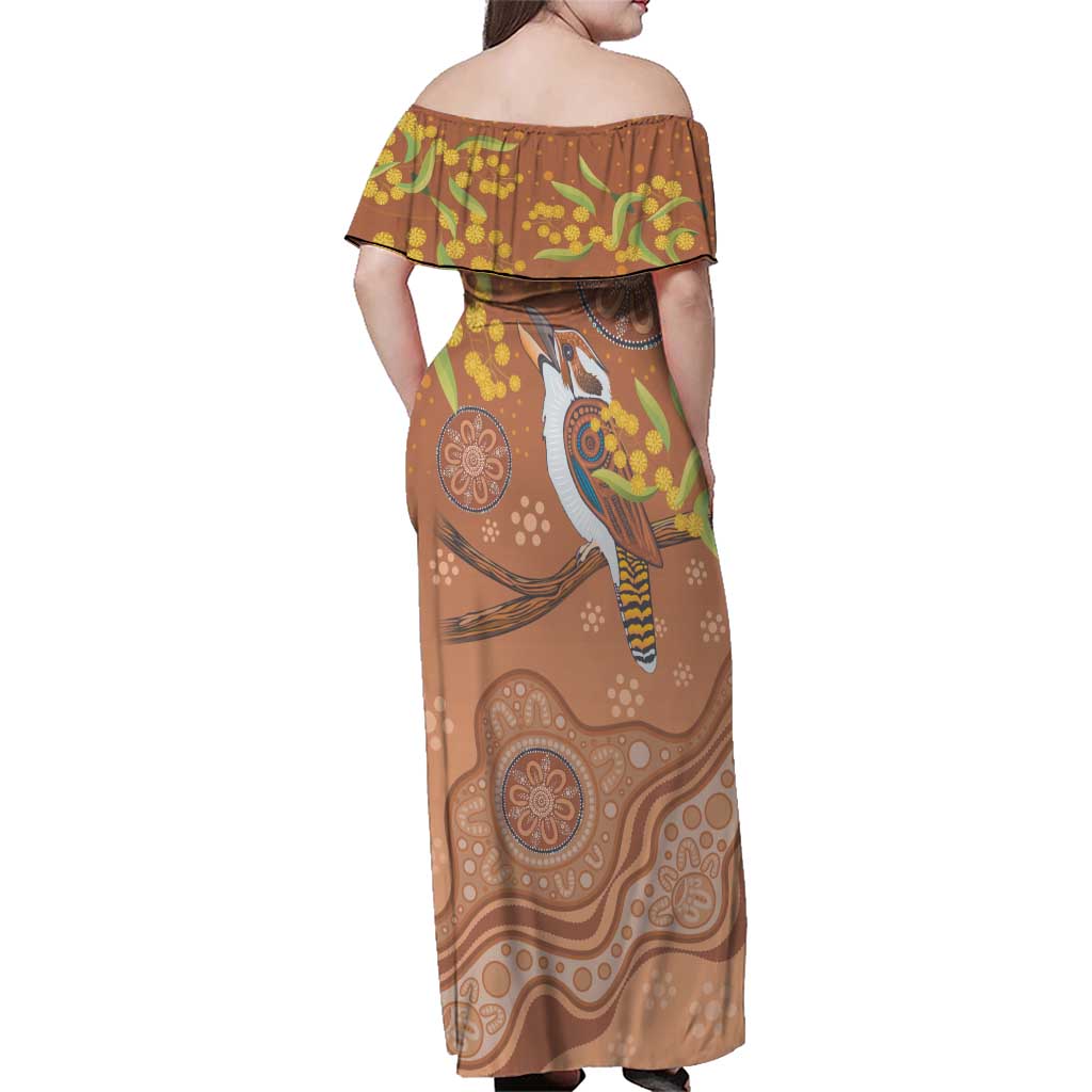 Kookaburra Aboriginal Dot Painting Family Matching Off Shoulder Maxi Dress and Hawaiian Shirt