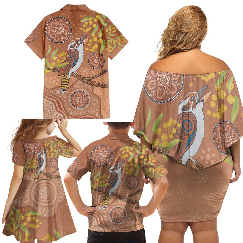 Kookaburra Aboriginal Dot Painting Family Matching Off Shoulder Short Dress and Hawaiian Shirt