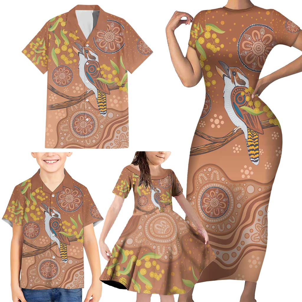 Kookaburra Aboriginal Dot Painting Family Matching Short Sleeve Bodycon Dress and Hawaiian Shirt