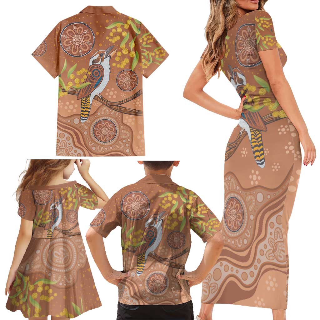 Kookaburra Aboriginal Dot Painting Family Matching Short Sleeve Bodycon Dress and Hawaiian Shirt