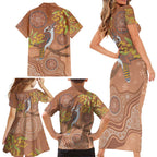 Kookaburra Aboriginal Dot Painting Family Matching Short Sleeve Bodycon Dress and Hawaiian Shirt