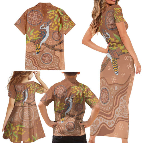 Kookaburra Aboriginal Dot Painting Family Matching Short Sleeve Bodycon Dress and Hawaiian Shirt