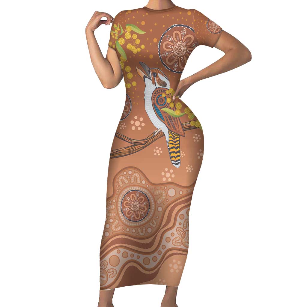 Kookaburra Aboriginal Dot Painting Family Matching Short Sleeve Bodycon Dress and Hawaiian Shirt