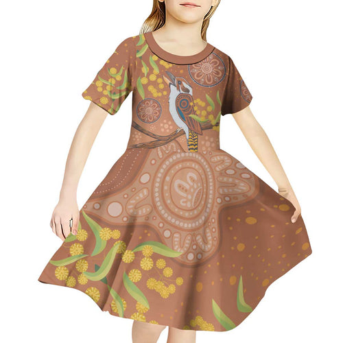 Kookaburra Aboriginal Dot Painting Kid Short Sleeve Dress
