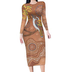 Kookaburra Aboriginal Dot Painting Long Sleeve Bodycon Dress