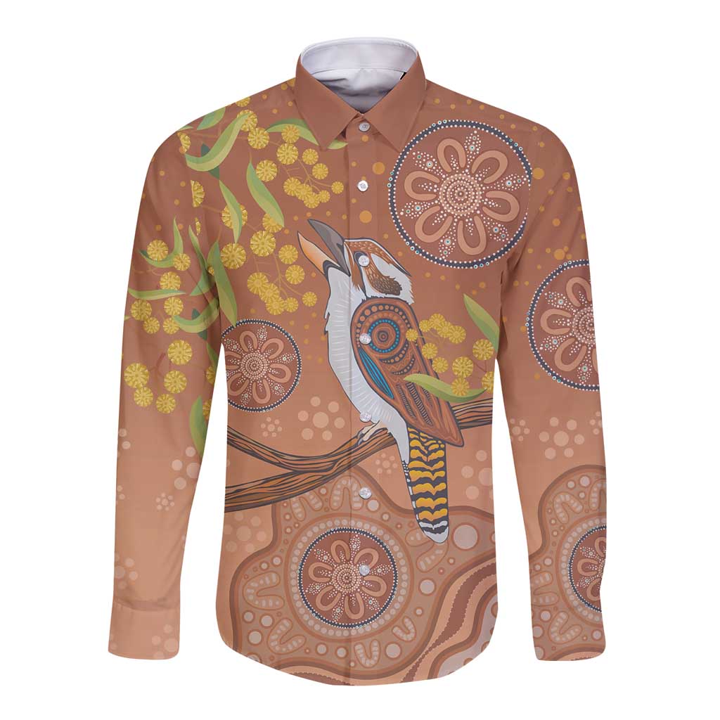 Kookaburra Aboriginal Dot Painting Long Sleeve Button Shirt