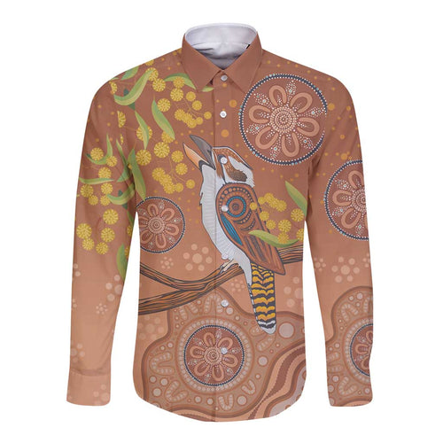 Kookaburra Aboriginal Dot Painting Long Sleeve Button Shirt