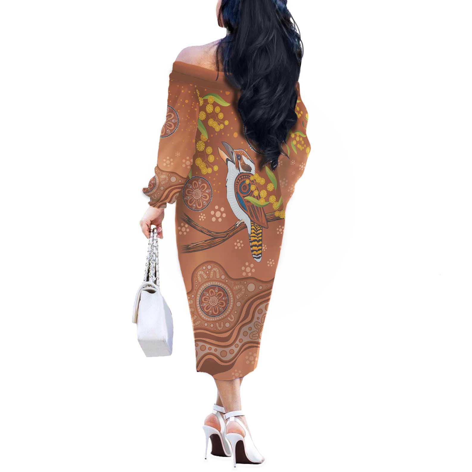 Kookaburra Aboriginal Dot Painting Off The Shoulder Long Sleeve Dress