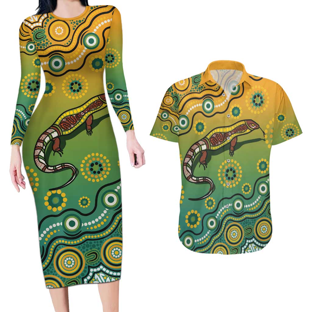 Goanna Aboriginal-style Dot Artwork Couples Matching Long Sleeve Bodycon Dress and Hawaiian Shirt