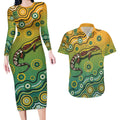 Goanna Aboriginal-style Dot Artwork Couples Matching Long Sleeve Bodycon Dress and Hawaiian Shirt