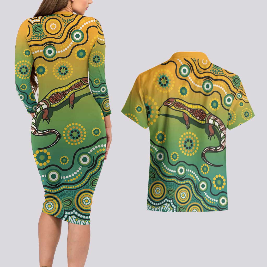 Goanna Aboriginal-style Dot Artwork Couples Matching Long Sleeve Bodycon Dress and Hawaiian Shirt