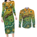 Goanna Aboriginal-style Dot Artwork Couples Matching Long Sleeve Bodycon Dress and Long Sleeve Button Shirt