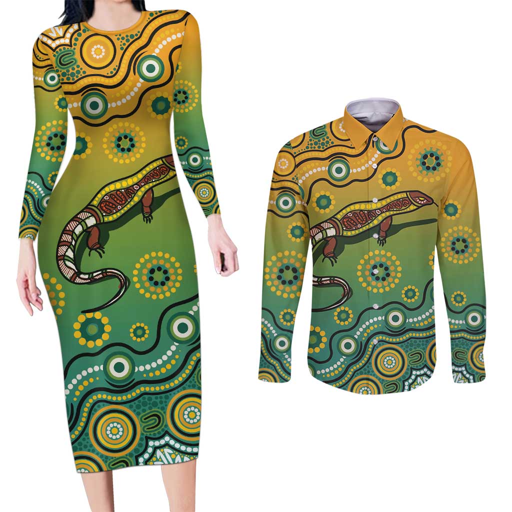 Goanna Aboriginal-style Dot Artwork Couples Matching Long Sleeve Bodycon Dress and Long Sleeve Button Shirt