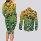 Goanna Aboriginal-style Dot Artwork Couples Matching Long Sleeve Bodycon Dress and Long Sleeve Button Shirt