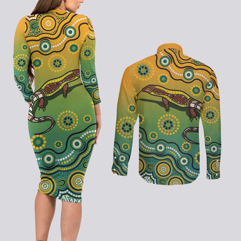 Goanna Aboriginal-style Dot Artwork Couples Matching Long Sleeve Bodycon Dress and Long Sleeve Button Shirt