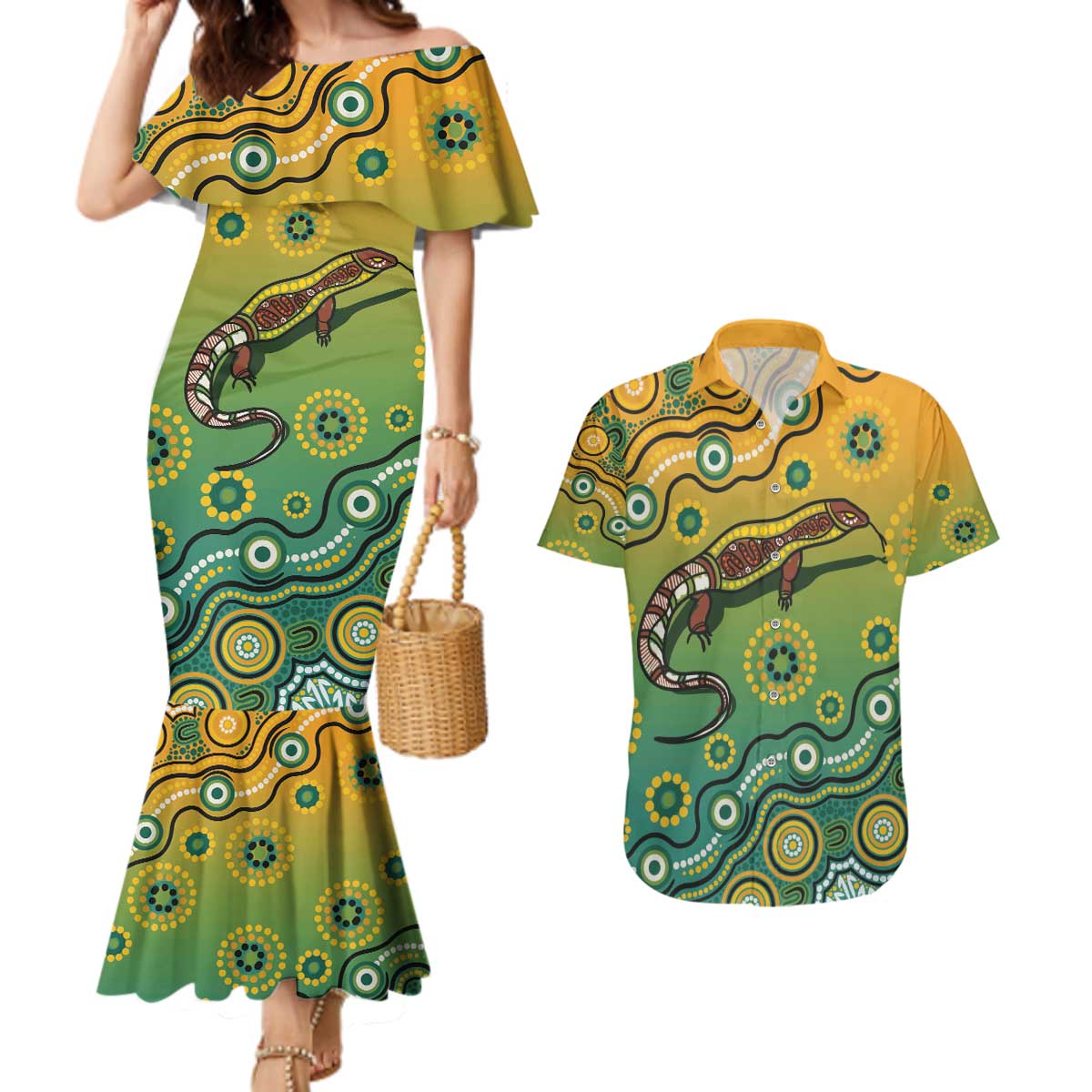 Goanna Aboriginal-style Dot Artwork Couples Matching Mermaid Dress and Hawaiian Shirt