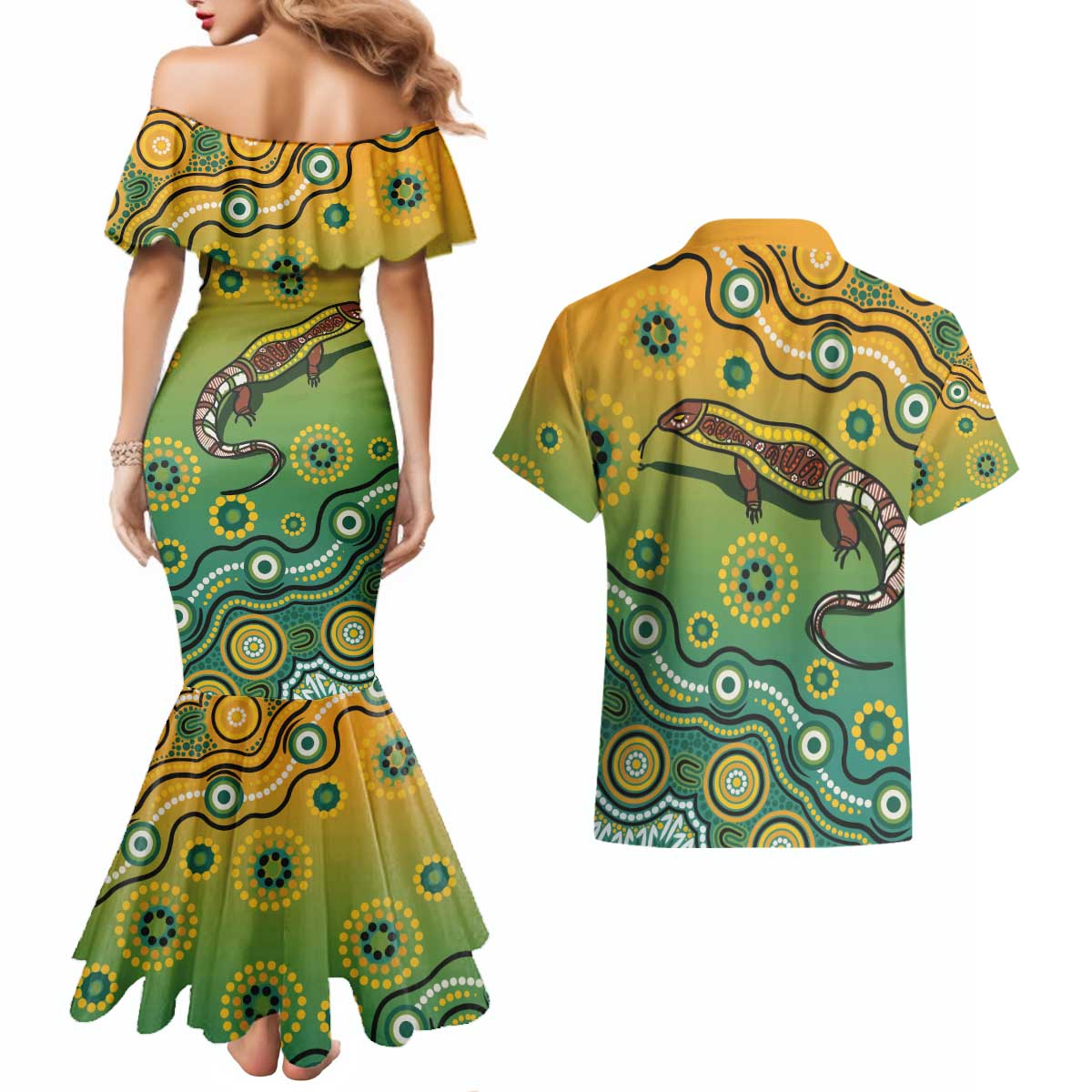 Goanna Aboriginal-style Dot Artwork Couples Matching Mermaid Dress and Hawaiian Shirt