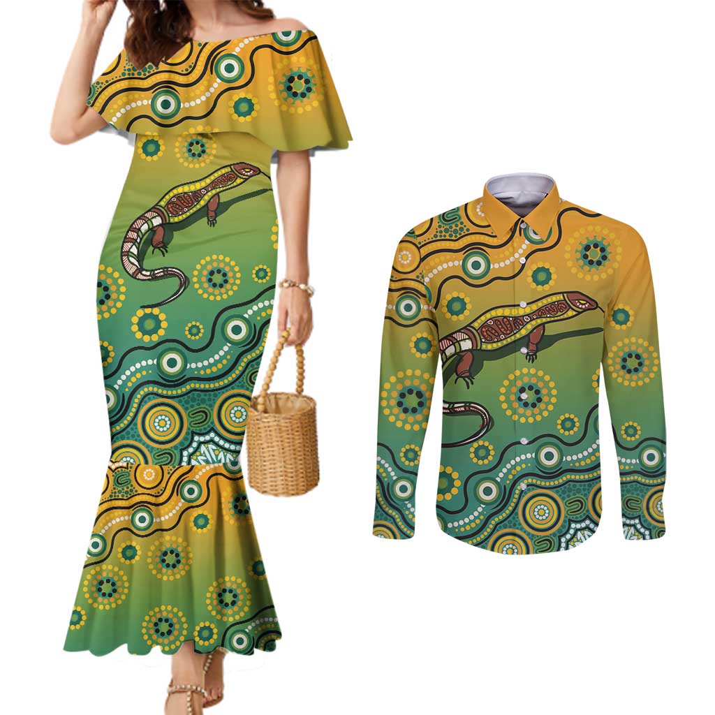 Goanna Aboriginal-style Dot Artwork Couples Matching Mermaid Dress and Long Sleeve Button Shirt