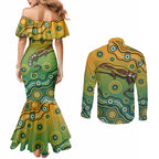 Goanna Aboriginal-style Dot Artwork Couples Matching Mermaid Dress and Long Sleeve Button Shirt